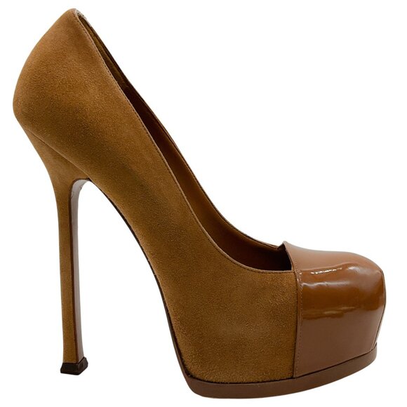 Saint Laurent Camel Suede Tribtoo Pumps with Patent Leather Cap Toe - Picture 2 of 6